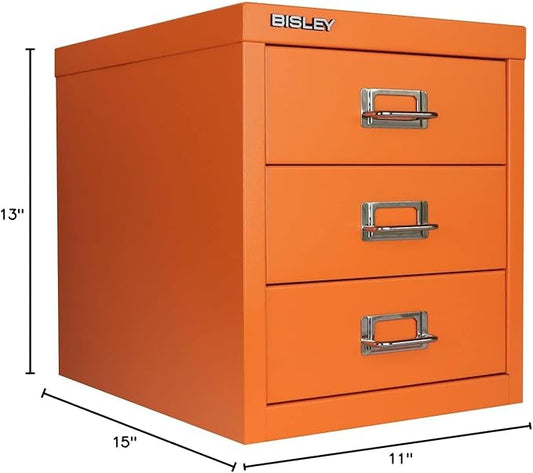 3-Drawer Steel MultiDrawer Cabinet - Orange, by Bisley | Chrome Pull Handles with Label Holders, Powder-Coated Steel, Removable Drawers, Desktop Storage, Labels Included