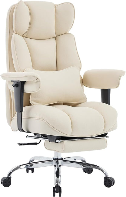 Efomao Executive Office Chair, Beige Fabric Big and Tall Desk Chair | Breathable fabric, pocket spring & foam seat, retractable footrest, 135° recline for computer gaming setup
