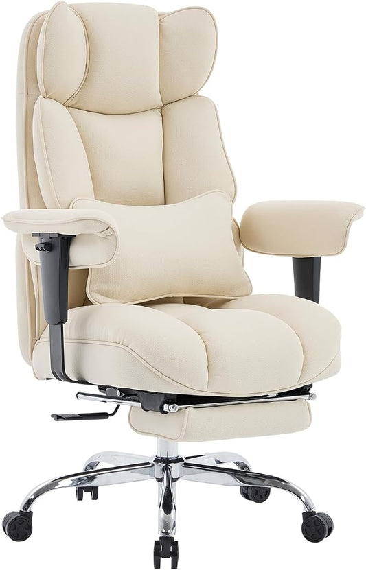 Efomao Executive Office Chair, Beige Fabric Big and Tall Desk Chair | Breathable fabric, pocket spring & foam seat, retractable footrest, 135° recline for computer gaming setup