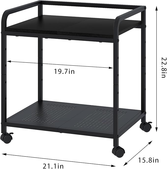 21"x15.8" Large Printer Stand with Storage, 2-Tier Under Desk Printer Table, Rolling Printer Cart with Lockable Wheels for Home, Office (Black)