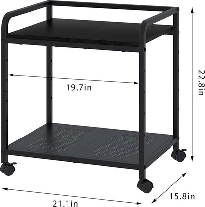 21"x15.8" Large Printer Stand with Storage, 2-Tier Under Desk Printer Table, Rolling Printer Cart with Lockable Wheels for Home, Office (Black)