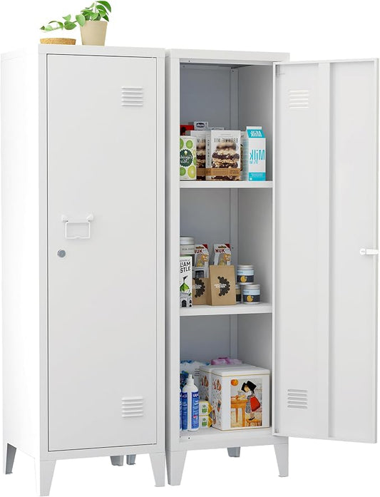 Metal Locker Storage Cabinet Locking Storage Cabinet with Door and Removable Shelves Narrow Storage Cabinet for Kitchen Pantry Bathroom (White)