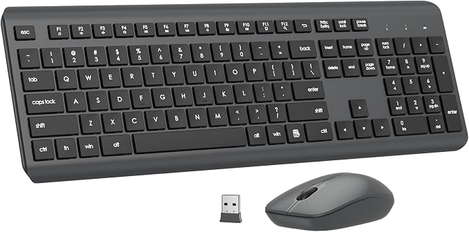 Wireless Keyboard and Mouse Combo, Full-Size Silent Ergonomic Keyboard and Optical Mouse, Long Battery Life, 2.4G Lag-Free Mice Keyboard for Computer, Mac, Laptop, PC, Windows(Gray)