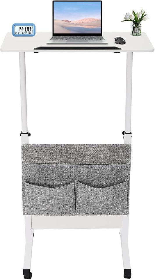 Small Mobile Standing Desk with Storage, 24" L×16" W Mobile Office Table, Rolling Laptop Table with 180° Flip, 32-47in Adjustable Height Desk for Small Spaces Home Offices