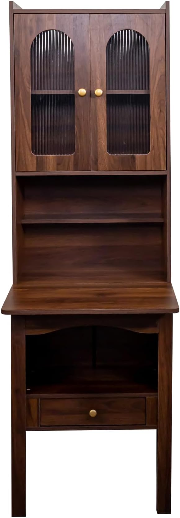 LUMISOL Fold-Out Home Office Desks Writing Table with Glass Doors, Drawers, Bookshelf & Storage Shelves, Modern Wooden Convertible Workstation for Work, Study, Walnut