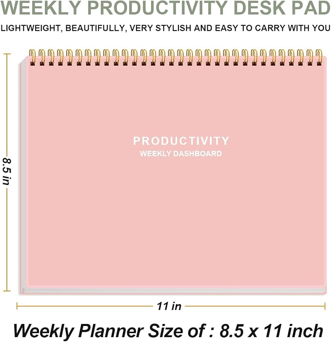Weekly Productivity Dashboard - 8.5" x 11" Dashboard Desk Notepad Has 6 Focus Areas to List Tasks for Goals, Projects, Clients, Academic or Meal-Organize Your Daily Work Efficiently, 54 Weeks, Light Pink