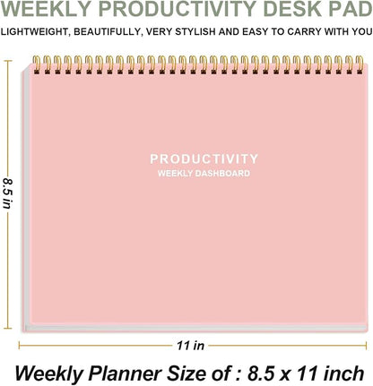Weekly Productivity Dashboard - 8.5" x 11" Dashboard Desk Notepad Has 6 Focus Areas to List Tasks for Goals, Projects, Clients, Academic or Meal-Organize Your Daily Work Efficiently, 54 Weeks, Light Pink