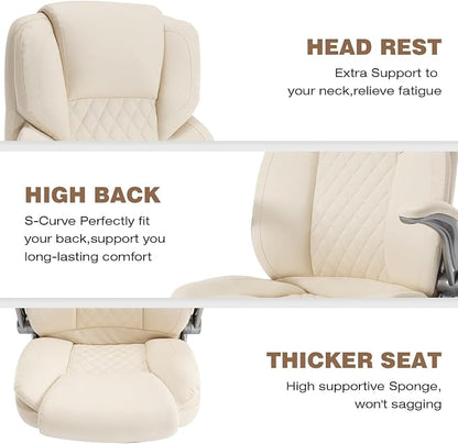 Office Chair with Flip up Arms, Ergonomic PU Leather Executive Office Chairs with Wheels, 90-120° Rocking Office Desk Chair with Lumbar Support, High Back Swivel Home Computer Chairs,Beige