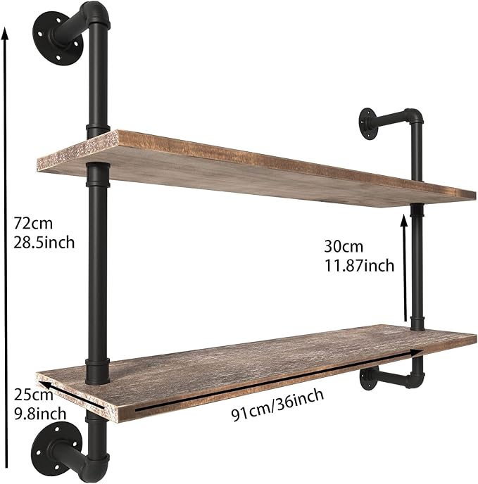 HDDFER Pipe Shelves Industrial Pipe Shelving Shelves Real Wood Industrial Floating Pipe Shelves with Wood Planks 36 inch Wall Shelves Rustic Hanging Bookshelf Farmhouse Kitchen Bar Shelving