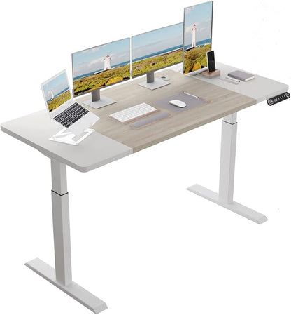 Height Adjustable Electric Standing Desk, 63x30 Height Stand Up Computer Desk,Sit and Stand Home Office Desk with Splice Board (White+Oak Top, White Frame)