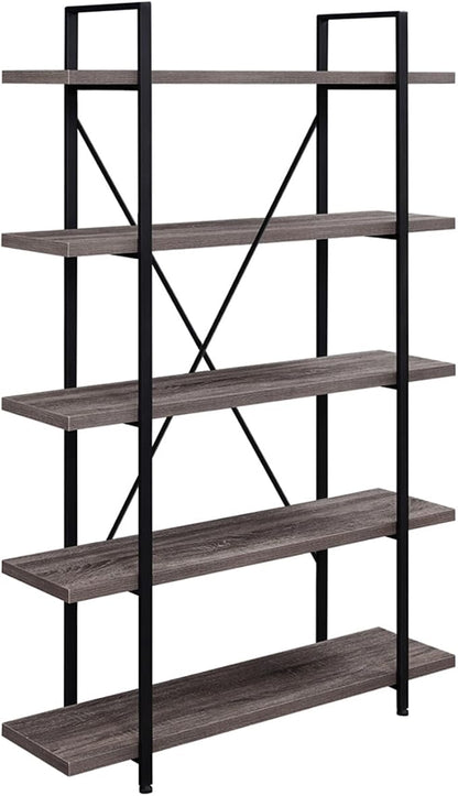 HSH 5-Shelf Vintage Industrial Rustic Bookshelf, 5 Tier Wood and Metal Bookcase, Open Etagere Book Shelf, Farmhouse Wooden Bookshelves, Light Grey Oak