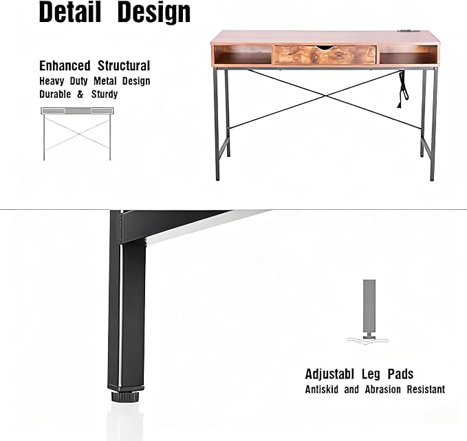 JJS 48' Writing Desk with Power Outlet, Home Office Contemporary Large Computer Desk Laptop Workstation with Drawer USB Ports Charging Station, Rustic Brown