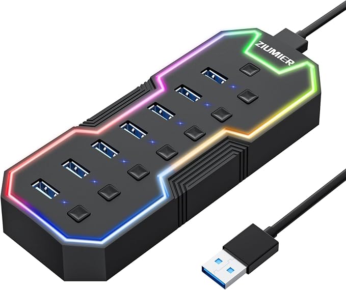 USB Hub 7 Port, RGB LED Strip USB Splitter for Laptop Gaming | USB 3.0 Hub with Individual LED On/Off Switches for Mac, PC, Desktop, Flash Drive, Mobile HDD