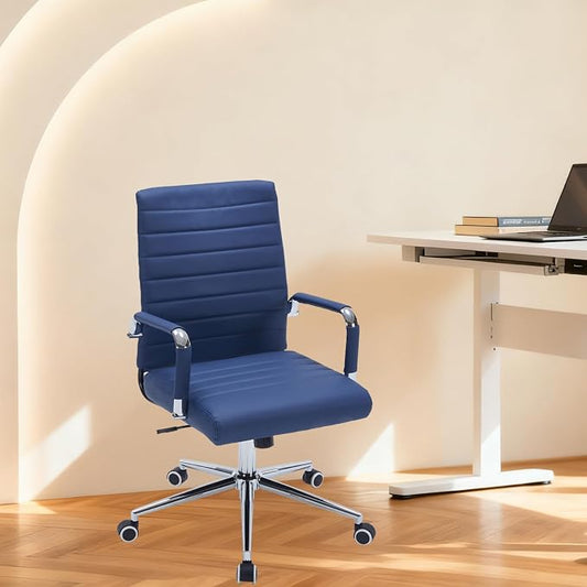 Sidanli Ergonomic Desk Chairs, Executive Swivel Faux Leather Mid Back Chair with Comfortable Lumbar Support and Smooth Rolling Wheels for Office, Navy Blue