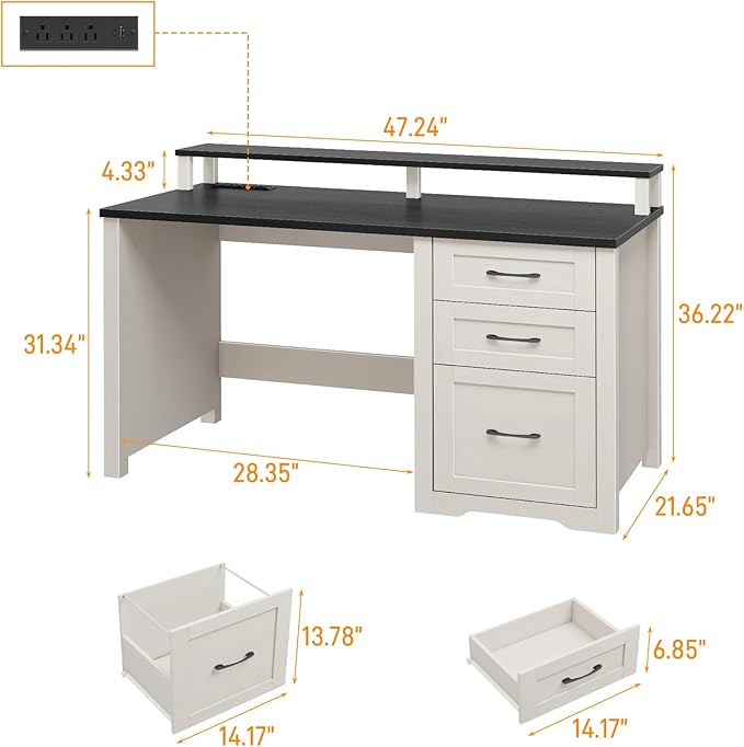 Vabches 47" Farmhouse Executive Desk with Monitor Stand & File Cabinet,3 Drawers Computer Desk with LED Lights and Power Outlets,Workstation for Home Office, Study,Writing,Black