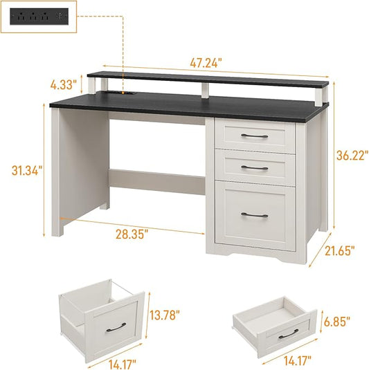 Vabches 47" Farmhouse Executive Desk with Monitor Stand & File Cabinet,3 Drawers Computer Desk with LED Lights and Power Outlets,Workstation for Home Office, Study,Writing,Black