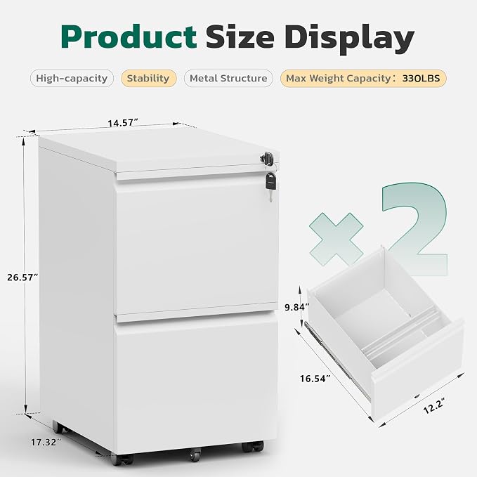 Greenvelly 2-Drawer Mobile File Cabinet with Lock, Metal Rolling Filing Cabinet on Wheels, Under Desk File Cabinet for Home Office, Fits Letter/Legal/A4 File (Assembly Required, White)
