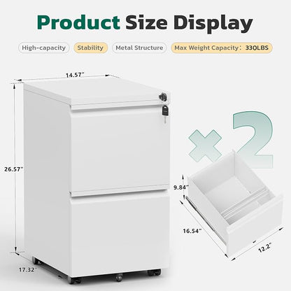 Greenvelly 2-Drawer Mobile File Cabinet with Lock, Metal Rolling Filing Cabinet on Wheels, Under Desk File Cabinet for Home Office, Fits Letter/Legal/A4 File (Assembly Required, White)