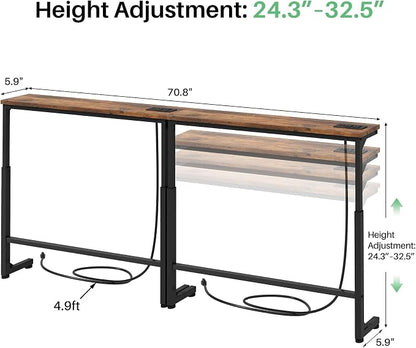 Kitstorack Behind Couch Table, Adjustable Height Narrow Console Table with 2 Power Strips, Split Design for Separate Wall Use, Anti-Scratch Tip, Rustic Brown for Living Room (70.8" Long)