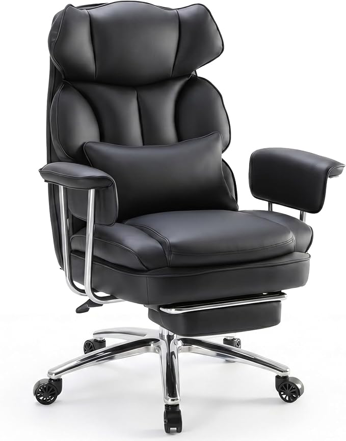 Sweetcrispy Home Office Desk Chair, Executive Ergonomic Big Tall High Back with Footrest & Lumbar Support, Reclining Height Adjustable, Comfy PU Leather Computer Gaming with Swivel Wheels, Black