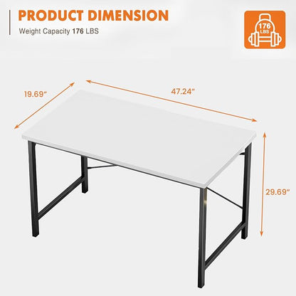 Sweetcrispy Small Computer Desk, 47" Office Writing Desk with Metal Frame & Wooden Top, X-Shaped Reinforcement, Student Study Home Bedroom Table, White