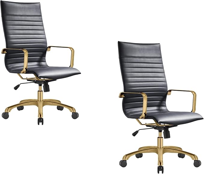 LeisureMod Harris High-Back Task Office Chair - Modern Leather Upholstery with Gold Frame, Ribbed Design 360 Degree Adjustable Swivel for Home, Office, and Study Room