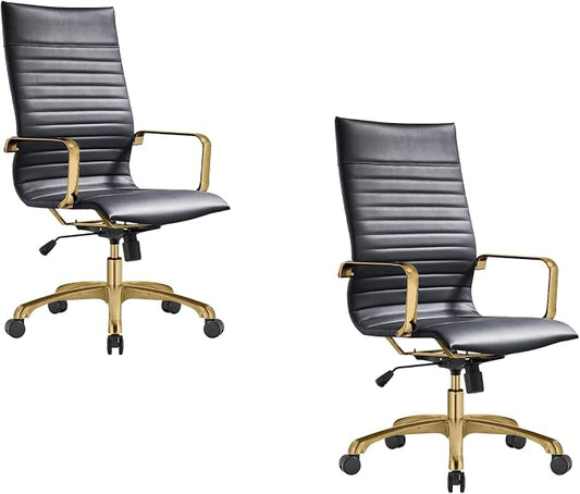 LeisureMod Harris High-Back Task Office Chair - Modern Leather Upholstery with Gold Frame, Ribbed Design 360 Degree Adjustable Swivel for Home, Office, and Study Room