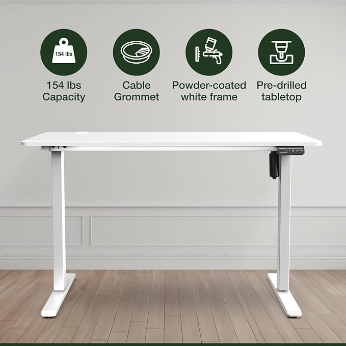 Mount-It! White Standing Desk 48x24 – Electric Height Adjustable Sit to Stand Desk with Memory Presets, Ergonomic Home Office Table, White Frame with White Splice Board Top