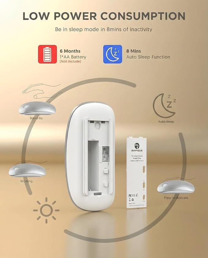 RAPIQUE R306 Wireless Mouse, Bluetooth 5.1 & 2.4GHz Dual Mode Silent Mouse, Silver Gloss Top with White Matte Base, Slim Portable Mouse for Laptop, MacBook,Tablet, Chromebook (Silvery)
