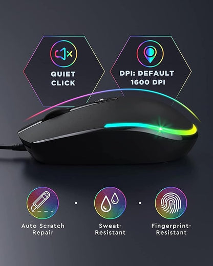 seenda Wired Mouse - USB Corded Mouse with Colorful RGB Backlit, Plug and Play, 1600 DPI Optical Tracking，Silent Computer Mouse for Laptop, PC, Chromebook, Desktop, Office, School, Home, Black