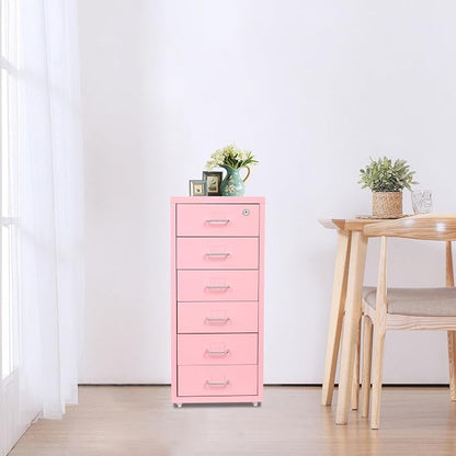 Vertical File Cabinet, 6 Drawers Rolling File Organizer Cabinets with Lock, Heavy Duty Metal Storage Cabinet, Movable Under Desk Filing Cabinet for Office, Study, Dresser (Pink)
