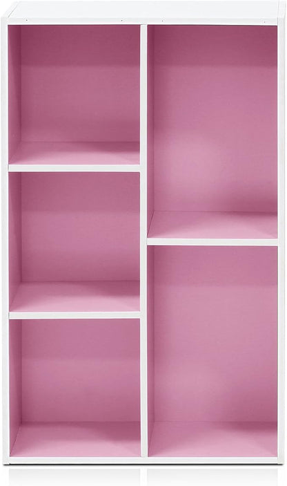 Furinno LUDER Book Shelf, 5-Cube Bookshelf, Reversible Bookcase, 9.4 x 19.5 x 31.5, Easy Assembly, for Living Room, Bedroom, Home Office, White/Pink