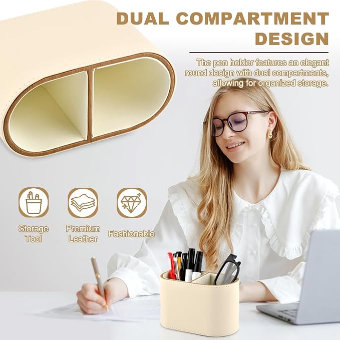 PU Leather Desk Organizer & Pen Holder - 2-Compartment Small Pencil Cup, Remote Control Caddy, and Makeup Brush Storage for Office, Home, and School Supplies