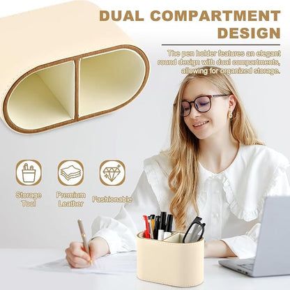 PU Leather Desk Organizer & Pen Holder - 2-Compartment Small Pencil Cup, Remote Control Caddy, and Makeup Brush Storage for Office, Home, and School Supplies