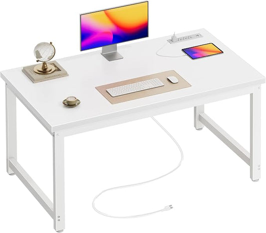 Huuger 48 x 24 inch Desk with Power Outlets & USB-C, Deeper & Thicker Desktop, Robust Metal Tubes, Computer Desk, Heavy Duty Office Desk, Work Gaming Desk for Home Office, White