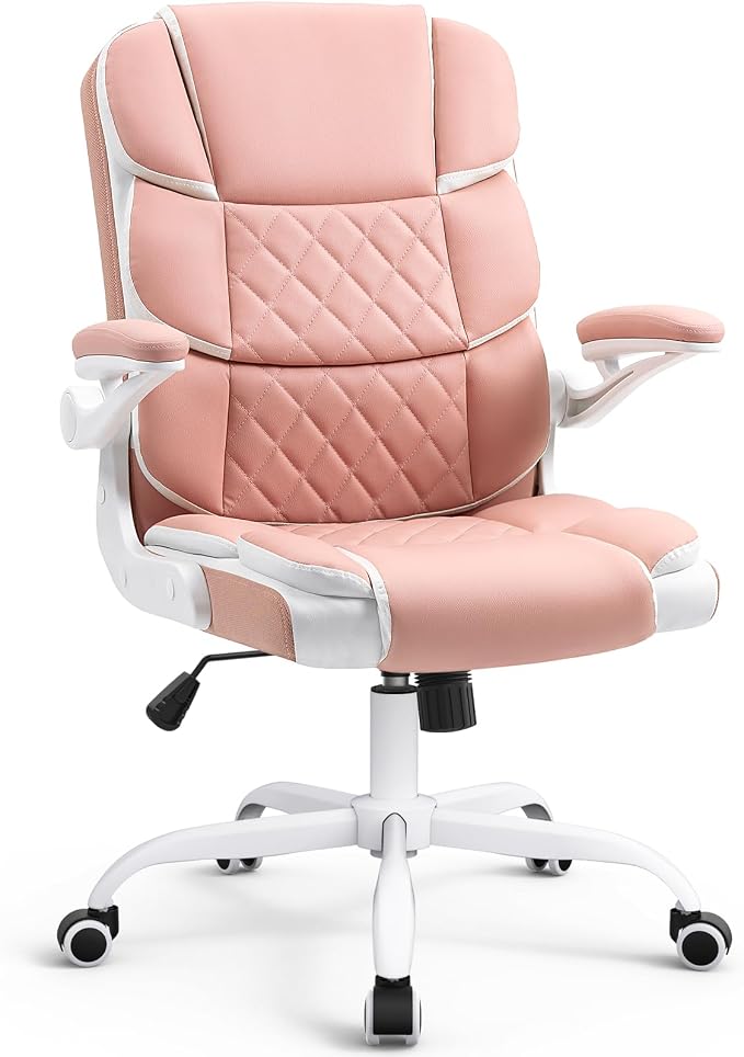 SEATZONE Pink Desk Chair Modern Executive Office Chair with Arms PU Leather Computer Desk Chair for Girls Women
