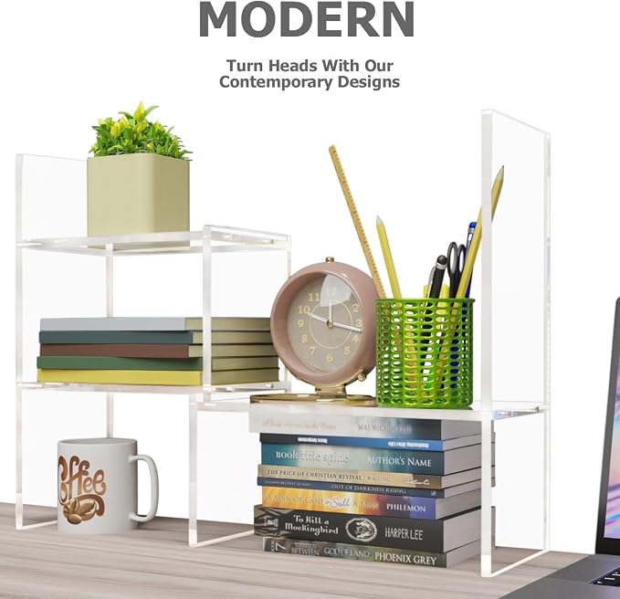 My Space Organizers Adjustable Acrylic Desk Shelf for Top of Desk: Clear Desktop Shelf, Premium Desktop Bookshelf Organizer, Office Table Book Shelves