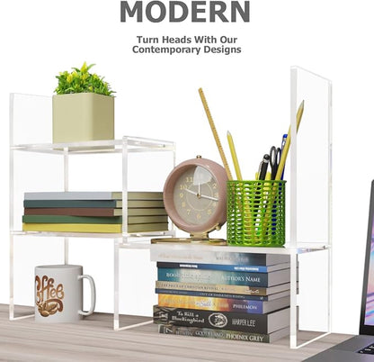 My Space Organizers Adjustable Acrylic Desk Shelf for Top of Desk: Clear Desktop Shelf, Premium Desktop Bookshelf Organizer, Office Table Book Shelves