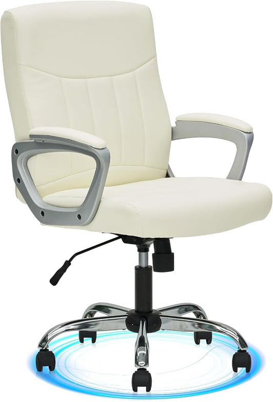 CLATINA Leather Office Executive Chair with Lumbar Support and Padded Armrestes, Swivel Rolling Ergonomic Mid Back Computer Task Desk Chair for Home, Conference, Waiting Room, White