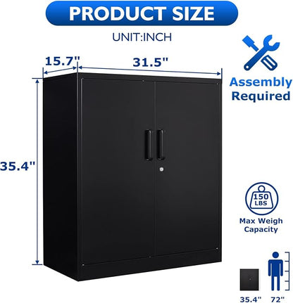 36" H Metal Garage Cabinet, 2 Doors Storage Cabinets, Steel Utility Tool Caninet, Short Locking Caninets with Adjustable Shelves, Black Lockable File Cabnet Cupboard for Home/Office/School/Shop