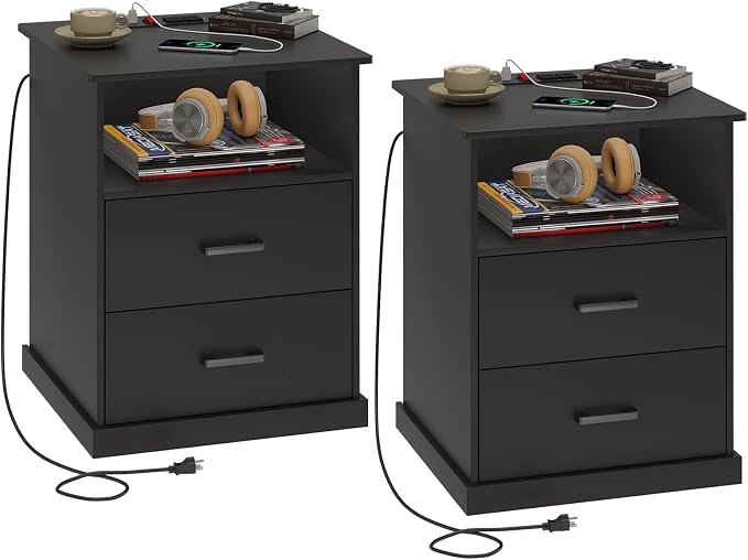 Hasuit Night Stand Set of 2 with Charging Station, Large Nightstands with Storage Drawers and Open Cubby, Black Bedside Side End Table for Home Office, Wider Tabletop 19.0'' x 15.0''