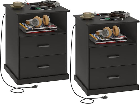 Hasuit Night Stand Set of 2 with Charging Station, Large Nightstands with Storage Drawers and Open Cubby, Black Bedside Side End Table for Home Office, Wider Tabletop 19.0'' x 15.0''