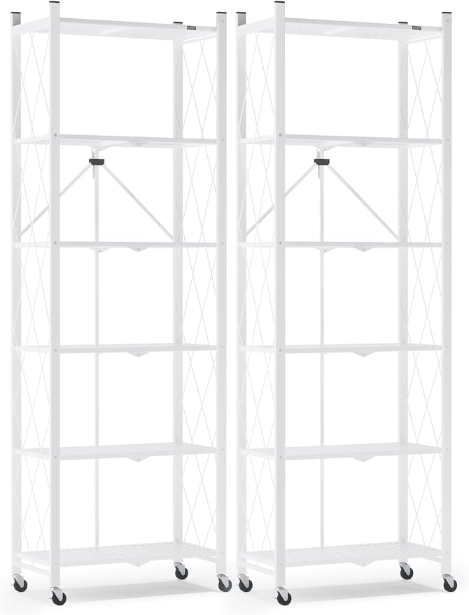 ALANNG 73.6 Inch Folding Bookshelf, 6 Tier Metal Bookcase and Bookshelves, Tall Shelves for Living Room Office Bedroom, Heavy Duty Book Shelve Free Standing Open (White, 2PACK)
