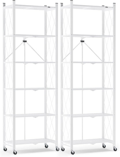 ALANNG 73.6 Inch Folding Bookshelf, 6 Tier Metal Bookcase and Bookshelves, Tall Shelves for Living Room Office Bedroom, Heavy Duty Book Shelve Free Standing Open (White, 2PACK)