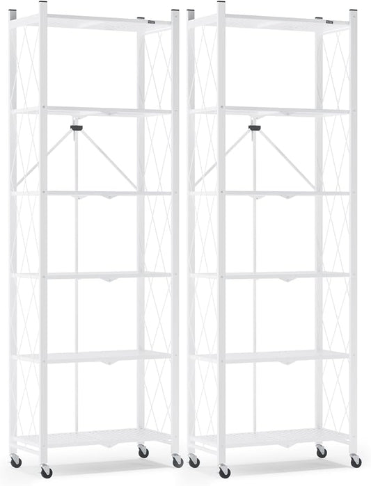 ALANNG 73.6 Inch Folding Bookshelf, 6 Tier Metal Bookcase and Bookshelves, Tall Shelves for Living Room Office Bedroom, Heavy Duty Book Shelve Free Standing Open (White, 2PACK)