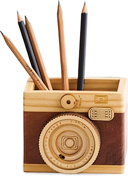 Vintage Wooden Camera Pencil Holder – Retro Desk Organizer for Pens & Stationery, Unique Photography Gift for Photographers, Creative Wooden Pen Holder for Office & Home Decor (Single slot)