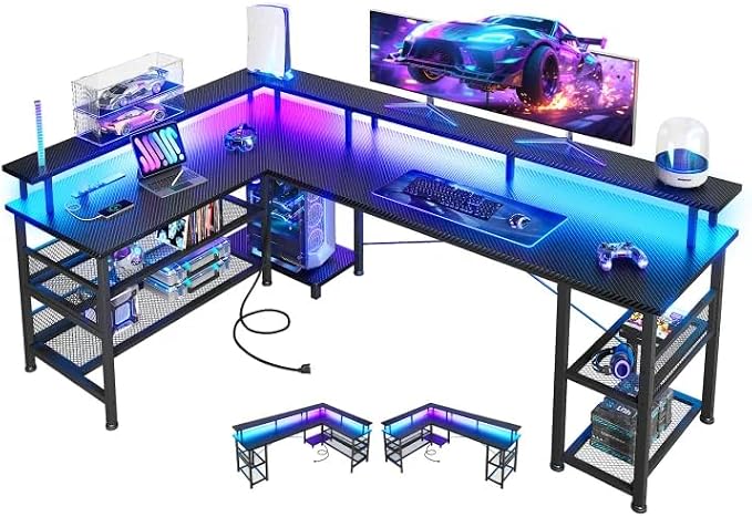ODK 66" L Shaped Gaming Desk with Power Outlet and LED Lights, PC Gaming Table with Carbon Fiber Texture, Reversible L Shape Desk with Storage Shelves & Monitor Stand, Home Office Desk, Black