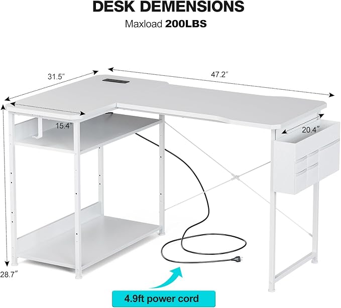 Acrolix L Shaped Gaming Desk 48 Inch - Computer Corner Desk with Power Outlets, Reversible Shelves & Storage Bag for Home Office, PC Gaming Table, White Carbon