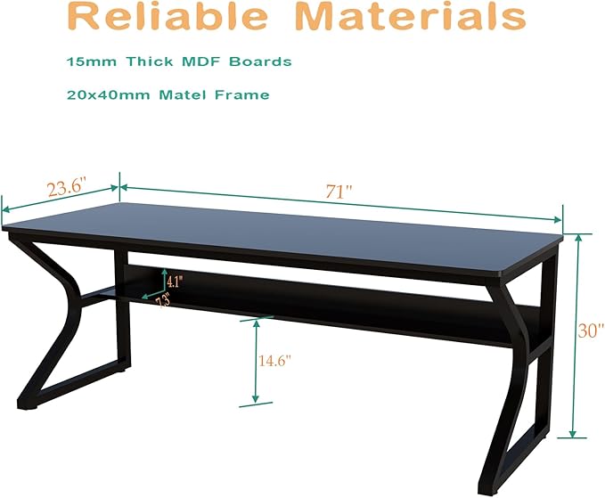OSCHF Extra Long Desk with Bookshelf - 71" Double Long Writing Table for 2-Person Workstation, Modern Study Work Computer Desk for Home and Office, Black