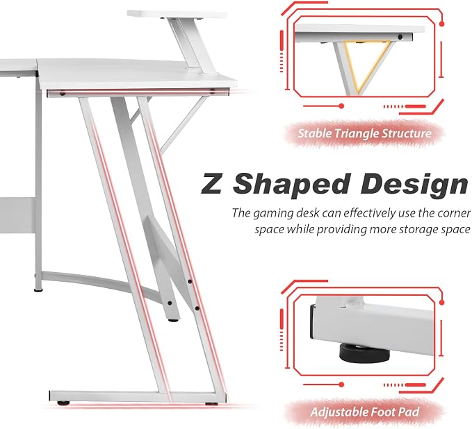 PayLessHere L Shaped Desk Corner Gaming Desk Computer Desk with Large Desktop Studying and Working and Gaming for Home and Work Place,White